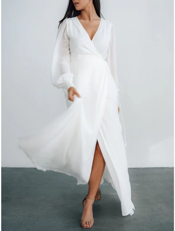 Little White Dresses Wedding Dresses A-Line V Neck Long Sleeve Ankle Length Chiffon Bridal Gowns With Pleats Split