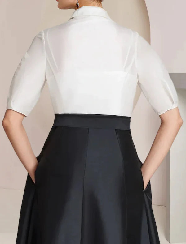 A-Line Mother of the Bride Dress Formal Wedding Guest Party Elegant Shirt Collar Floor Length Taffeta Short Sleeve with Bow(s)