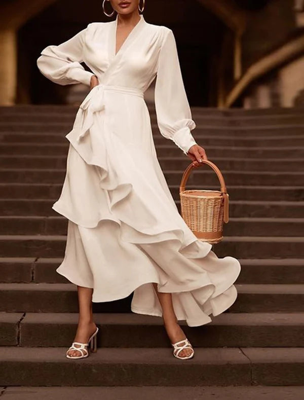 Reception Little White Dresses Wedding Dresses A-Line V Neck Long Sleeve Asymmetrical Chiffon Bridal Gowns With Cascading Ruffles