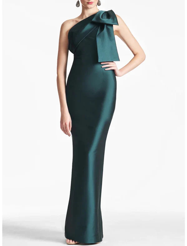 Satin Mermaid Party Dress Evening Gown Champagne Black Elegant Dress Formal Fall Ankle Length Sleeveless One Shoulder with Bow(s)