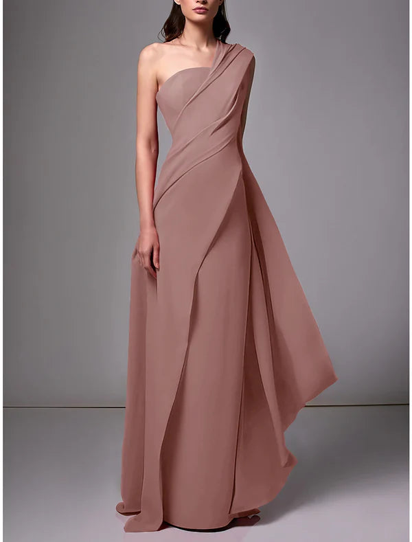 Sheath Evening Gown Red Green Dress Elegant Dress Formal Sweep / Brush Train Sleeveless One Shoulder Stretch Chiffon with Pleats