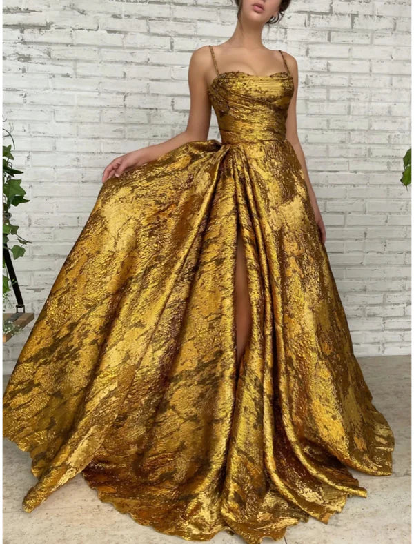 A-Line Evening Gown High Split Dress Formal Christmas Court Train Sleeveless Spaghetti Strap Sequined with Glitter Pleats