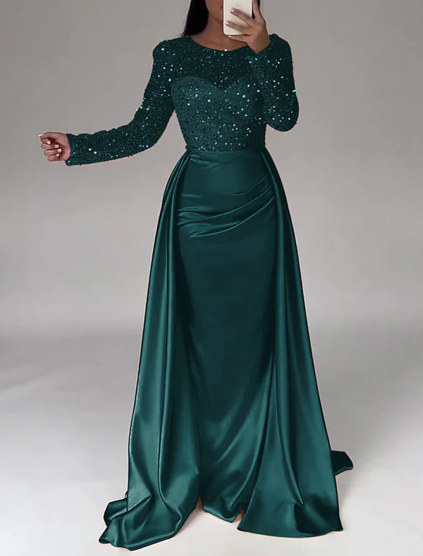 Mermaid Sequin Evening Gown Ruched Satin Dress Long Sleeves Floor Length Sparkle Illusion Neck Fall Wedding Guest Dress with Pearls
