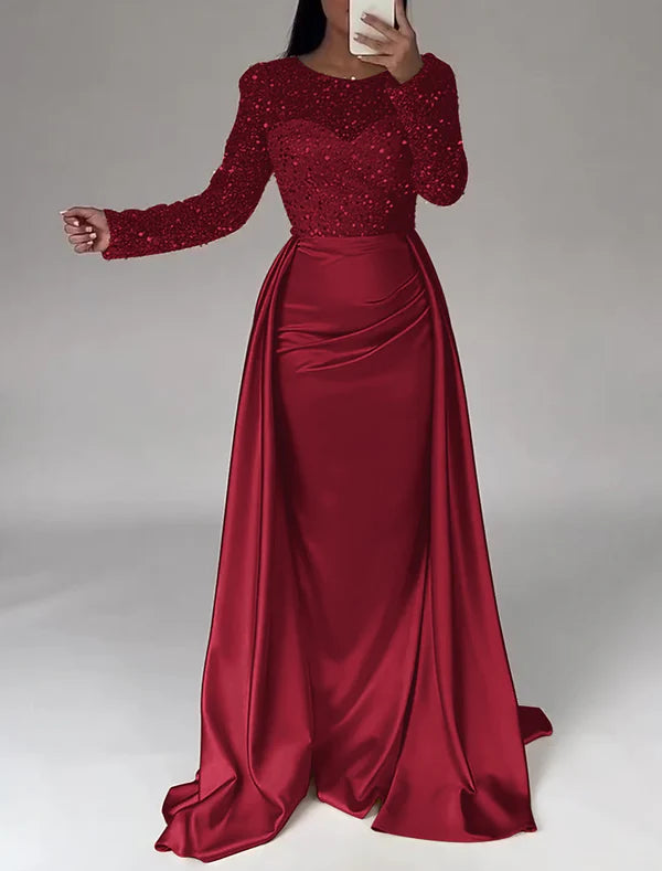 Mermaid Sequin Evening Gown Ruched Satin Dress Long Sleeves Floor Length Sparkle Illusion Neck Fall Wedding Guest Dress with Pearls