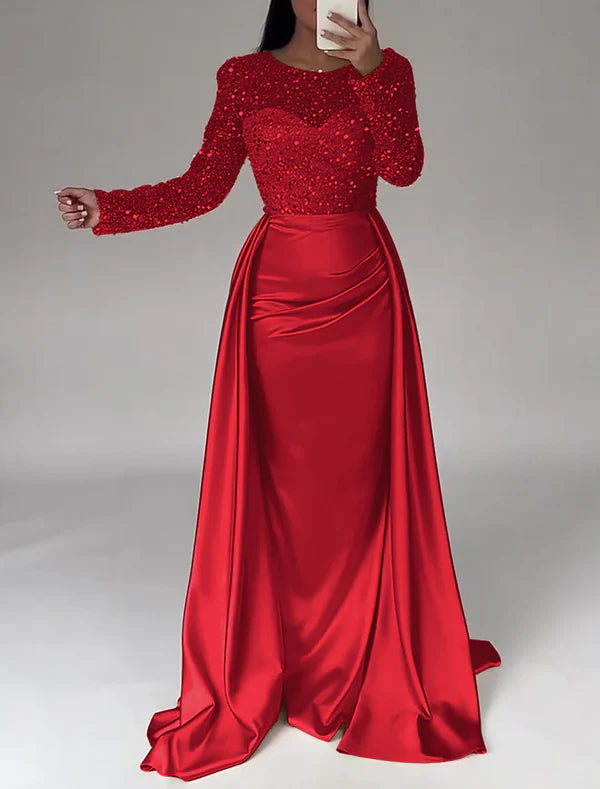 Mermaid Sequin Evening Gown Ruched Satin Dress Long Sleeves Floor Length Sparkle Illusion Neck Fall Wedding Guest Dress with Pearls