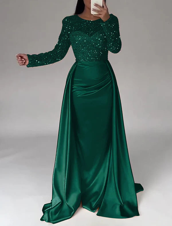 Mermaid Sequin Evening Gown Ruched Satin Dress Long Sleeves Floor Length Sparkle Illusion Neck Fall Wedding Guest Dress with Pearls