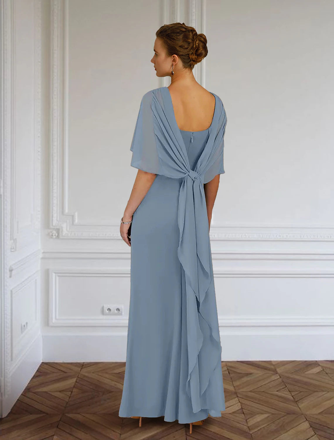 Sheath / Column Mother of the Bride Dress Formal Wedding Guest Elegant Simple Jewel Neck Floor Length Chiffon Sleeveless with Side Draping