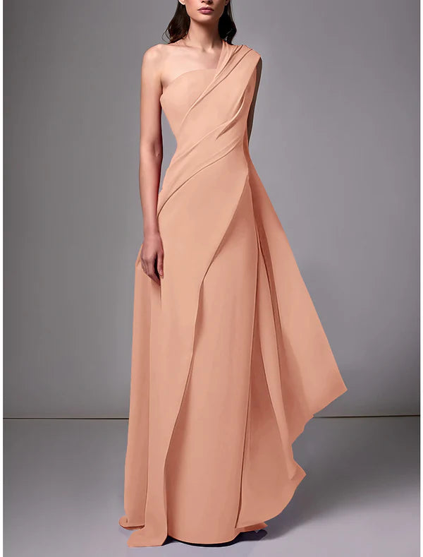 Sheath Evening Gown Red Green Dress Elegant Dress Formal Sweep / Brush Train Sleeveless One Shoulder Stretch Chiffon with Pleats
