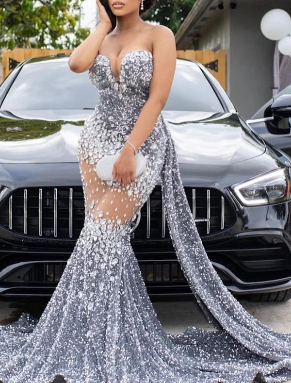 Mermaid / Trumpet Evening Gown Sparkle & Shine Dress Carnival Formal Court Train Sleeveless Strapless African American Sequined with Beading