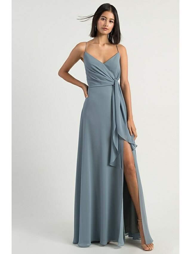 A-Line Bridesmaid Dress Spaghetti Strap Sleeveless Open Back Floor Length Chiffon
