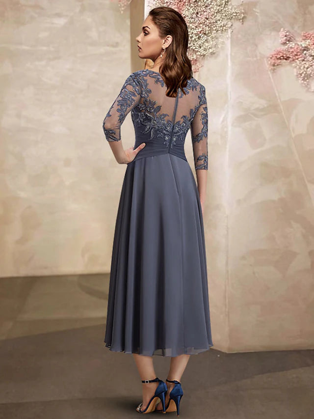 A-Line Mother of the Bride Dress Plus Size Elegant Jewel Neck Tea Length Chiffon Lace Short Sleeve with Ruched Sequin