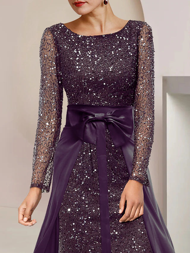 Two Piece Sheath / Column Mother of the Bride Dress Formal Wedding Guest Sparkle & Shine Elegant Scoop Neck Knee Length Lace Sequined Long Sleeve with Beading