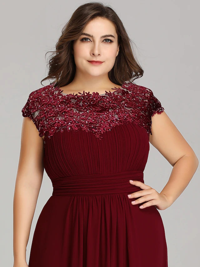 A-Line Mother of the Bride Dress Plus Size Jewel Neck Floor Length Chiffon Short Sleeve with Lace