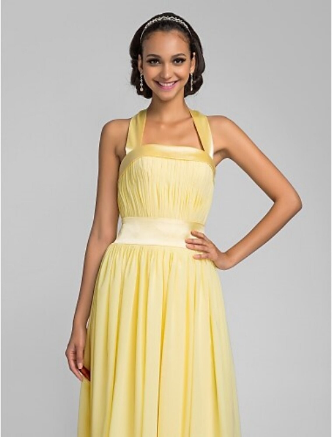 A-Line Halter Tea Length Chiffon Stretch Satin Bridesmaid Dress with Draping