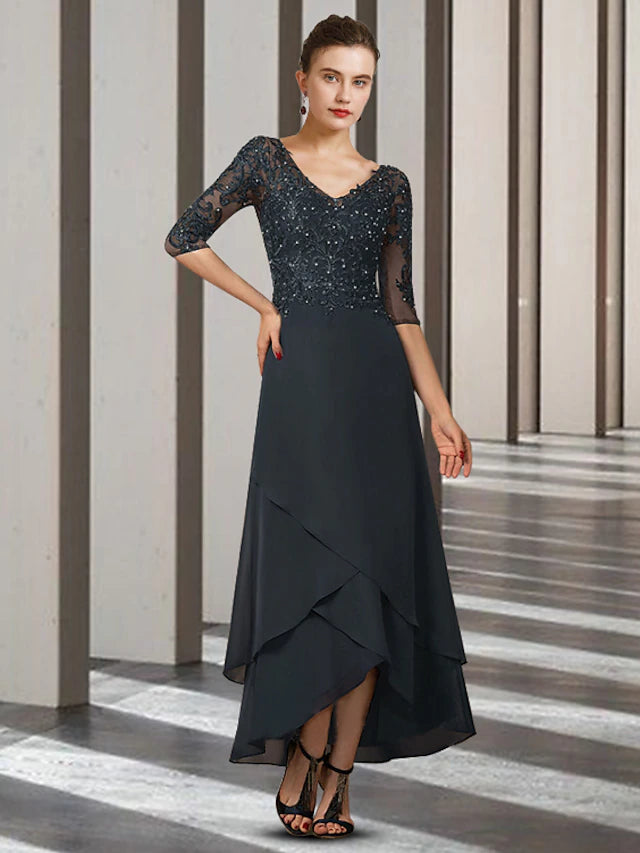 A-Line Mother of the Bride Dress Elegant High Low V Neck Asymmetrical Ankle Length Chiffon Lace Half Sleeve with Beading Ruffles