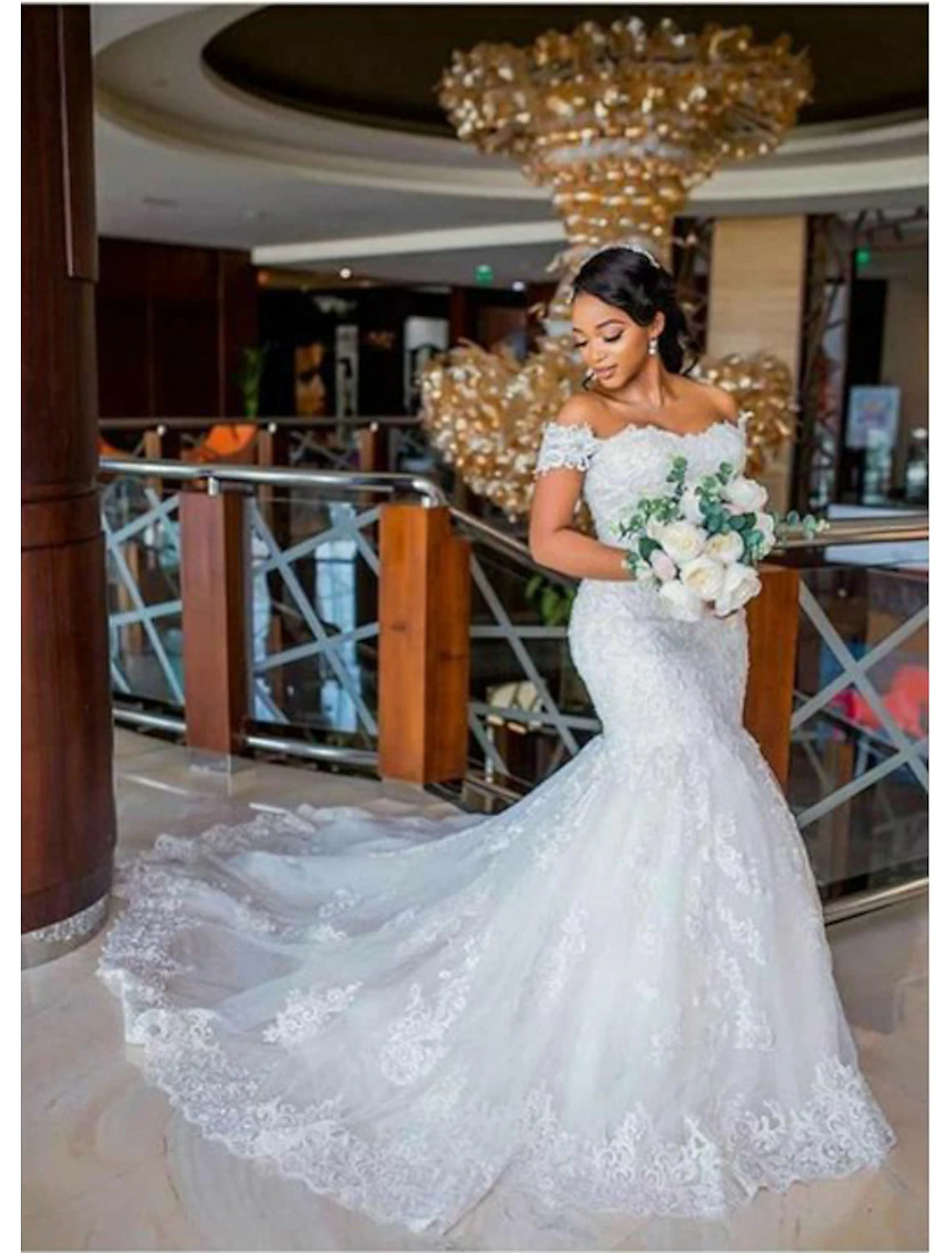 Engagement Sexy Formal Wedding Dresses Mermaid / Trumpet Off Shoulder Cap Sleeve Chapel Train Lace Bridal Gowns