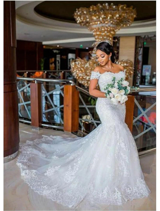 Engagement Sexy Formal Wedding Dresses Mermaid / Trumpet Off Shoulder Cap Sleeve Chapel Train Lace Bridal Gowns