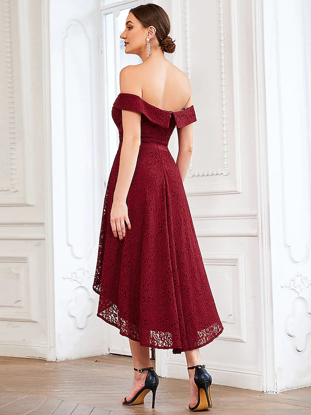 A-Line Homecoming Dresses Vintage Dress Homecoming Asymmetrical Sleeveless Off Shoulder Lace with Pleats