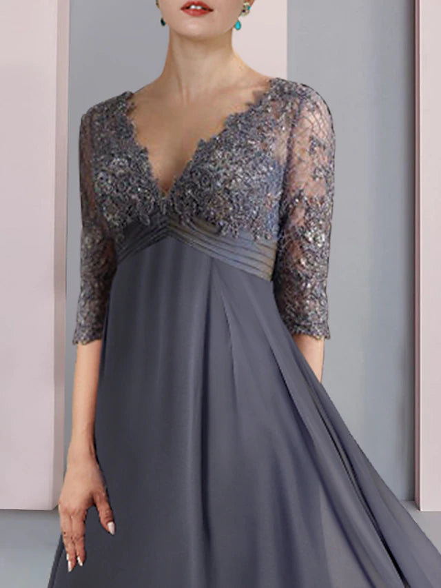 A-Line Mother of the Bride Dress Formal Wedding Guest Vintage Elegant V Neck Tea Length Chiffon Lace Half Sleeve