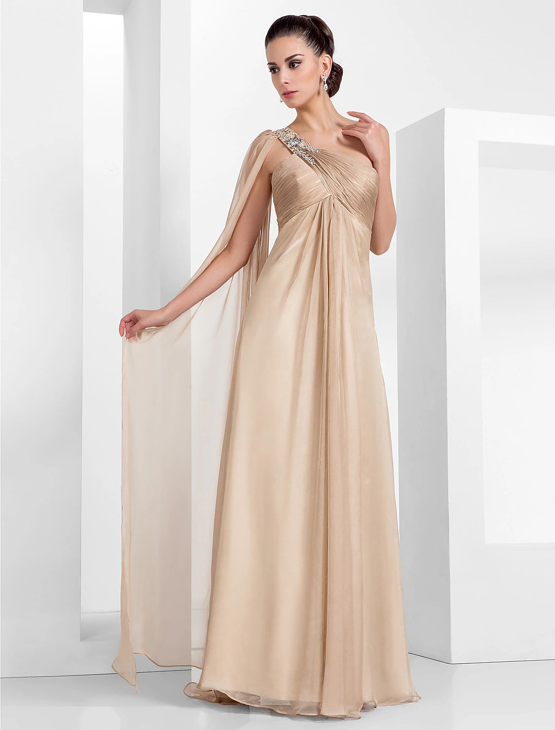 Sheath / Column Elegant Formal Evening Black Tie Gala Dress One Shoulder Sleeveless Floor Length Chiffon with Criss