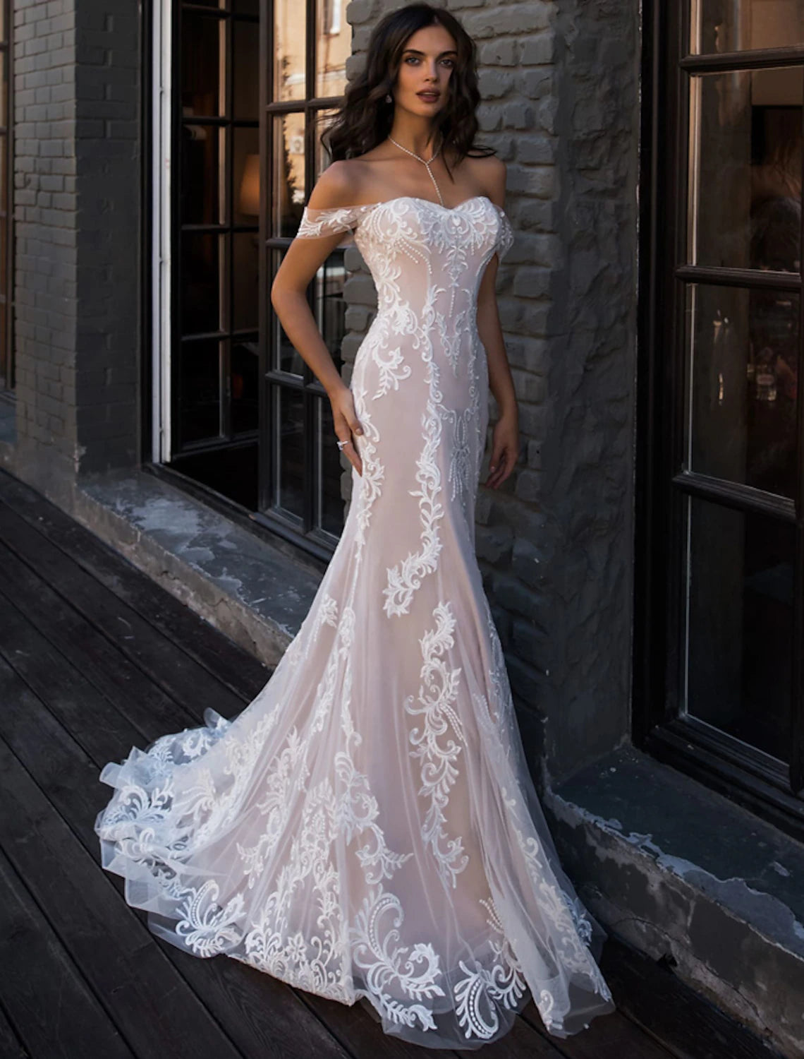 Beach Boho Wedding Dresses Mermaid / Trumpet Off Shoulder Cap Sleeve Court Train Lace Bridal Gowns