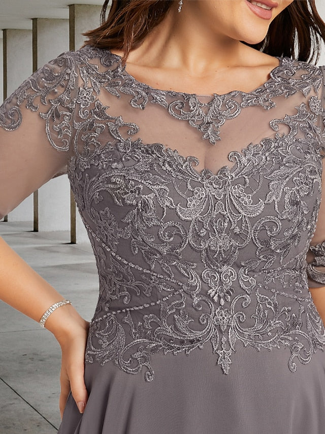 A-Line Plus Size Curve Mother of the Bride Dresses Elegant Dress Formal Asymmetrical Half Sleeve Jewel Neck Chiffon