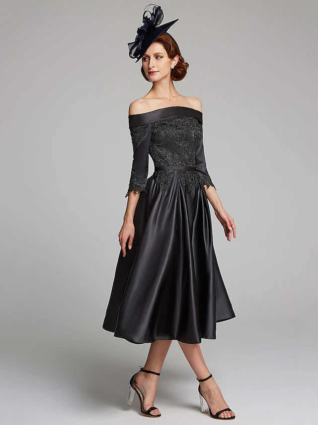 A-Line Mother of the Bride Dress Plus Size Sexy Off Shoulder Tea Length Satin Lace 3/4 Length Sleeve
