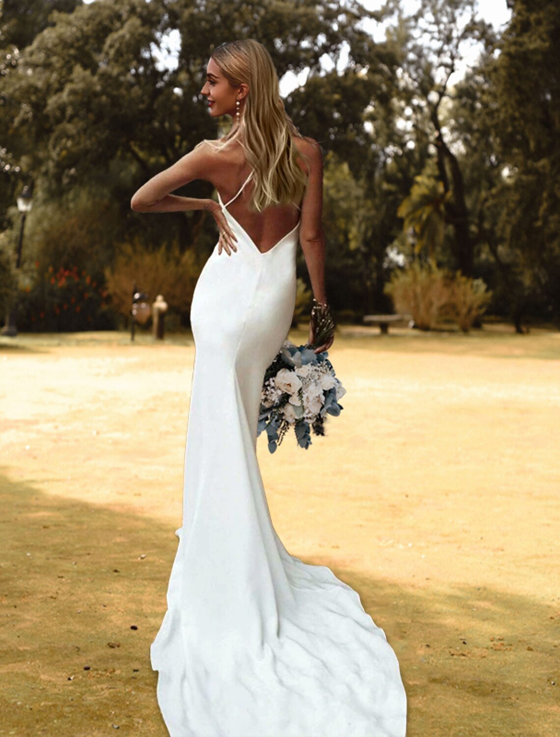 Hall Casual Wedding Dresses Sheath / Column Camisole V Neck Spaghetti Strap Court Train Charmeuse Bridal Gowns