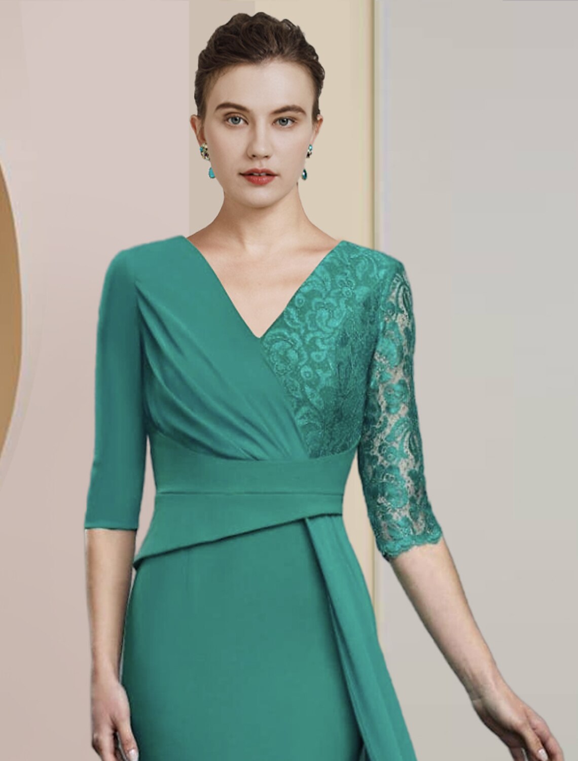 Sheath / Column Mother of the Bride Dress Formal Wedding Guest Party Elegant V Neck Floor Length Chiffon Lace Half Sleeve