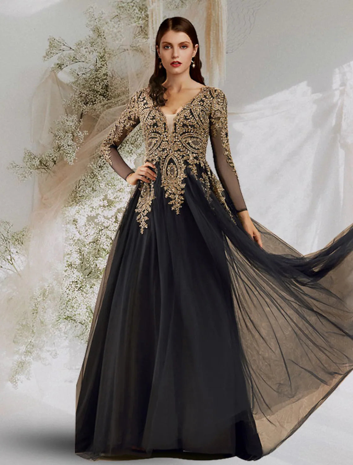 Ball Gown Luxurious Elegant Prom Formal Evening Dress V Neck Long Sleeve Floor Length Tulle with Sequin
