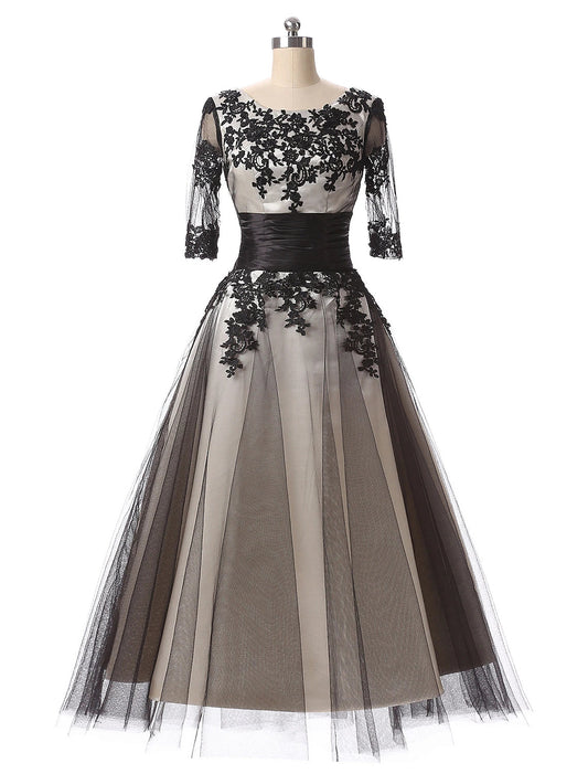 Ball Gown Evening Gown Color Block Dress Formal Evening Ankle Length Half Sleeve Jewel Neck Fall Wedding Guest Lace with Lace Insert