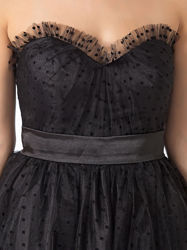Ball Gown Little Black Dress Dress Holiday Tea Length Sleeveless Sweetheart Tulle with Sash