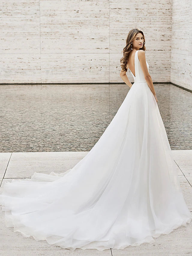Beach Wedding Dresses Court Train Two Piece Sleeveless V Neck Satin Long