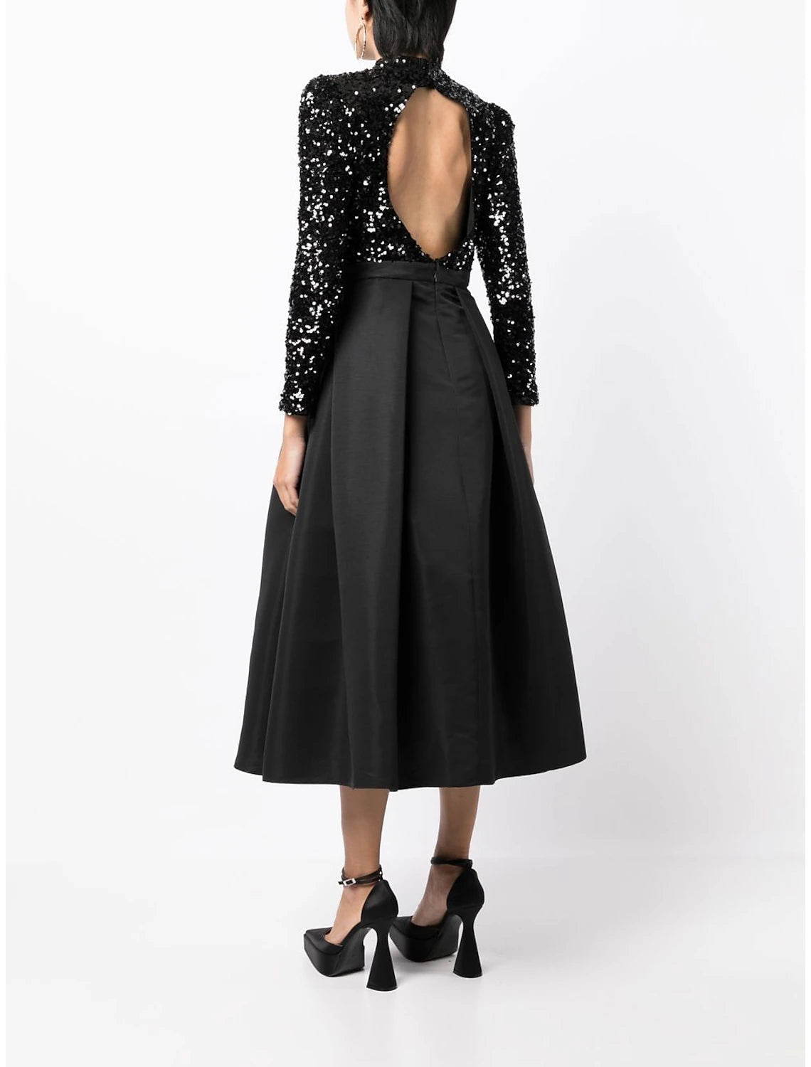 A-Line Cocktail Dresses Backless Black Dress Wedding Party Wear Tea Length Long Sleeve High Neck Satin
