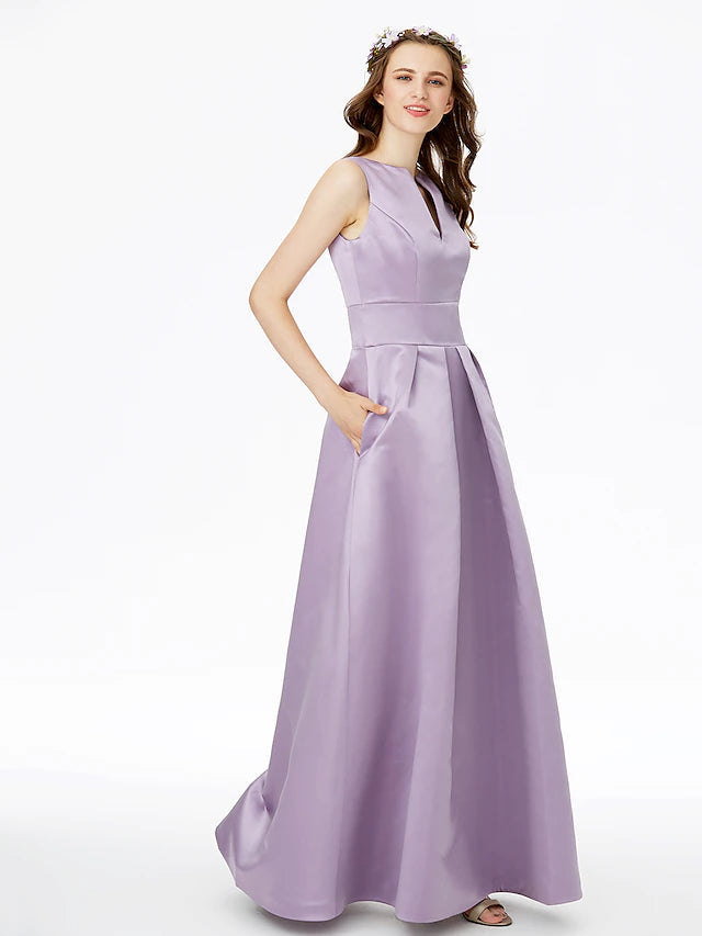 A-Line Bridesmaid Dress Notched Sleeveless Elegant Floor Length Satin with Pleats