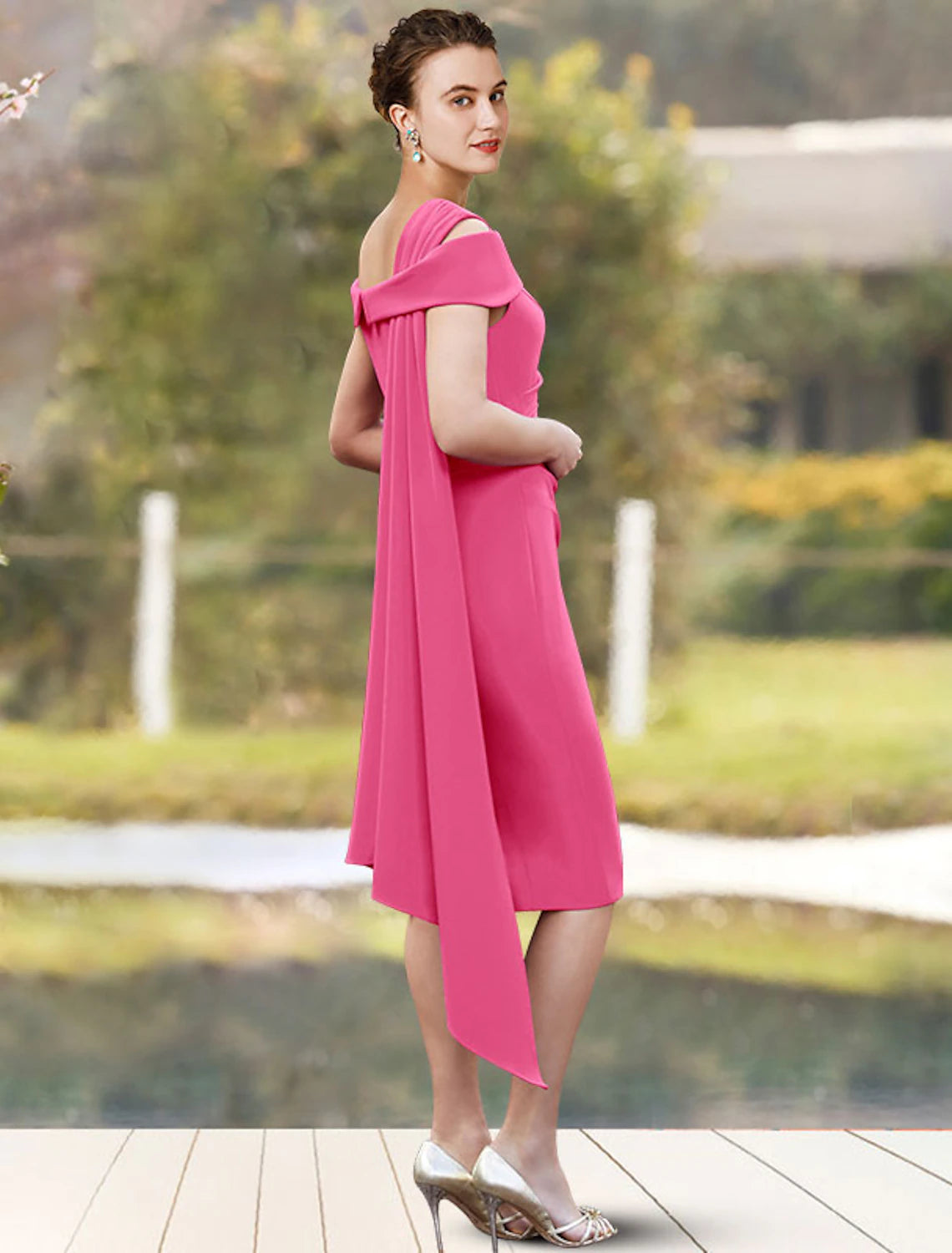 Sheath / Column Mother of the Bride Dress Wedding Guest Elegant Jewel Neck Knee Length Stretch Chiffon 3/4 Length Sleeve with Side-Draped