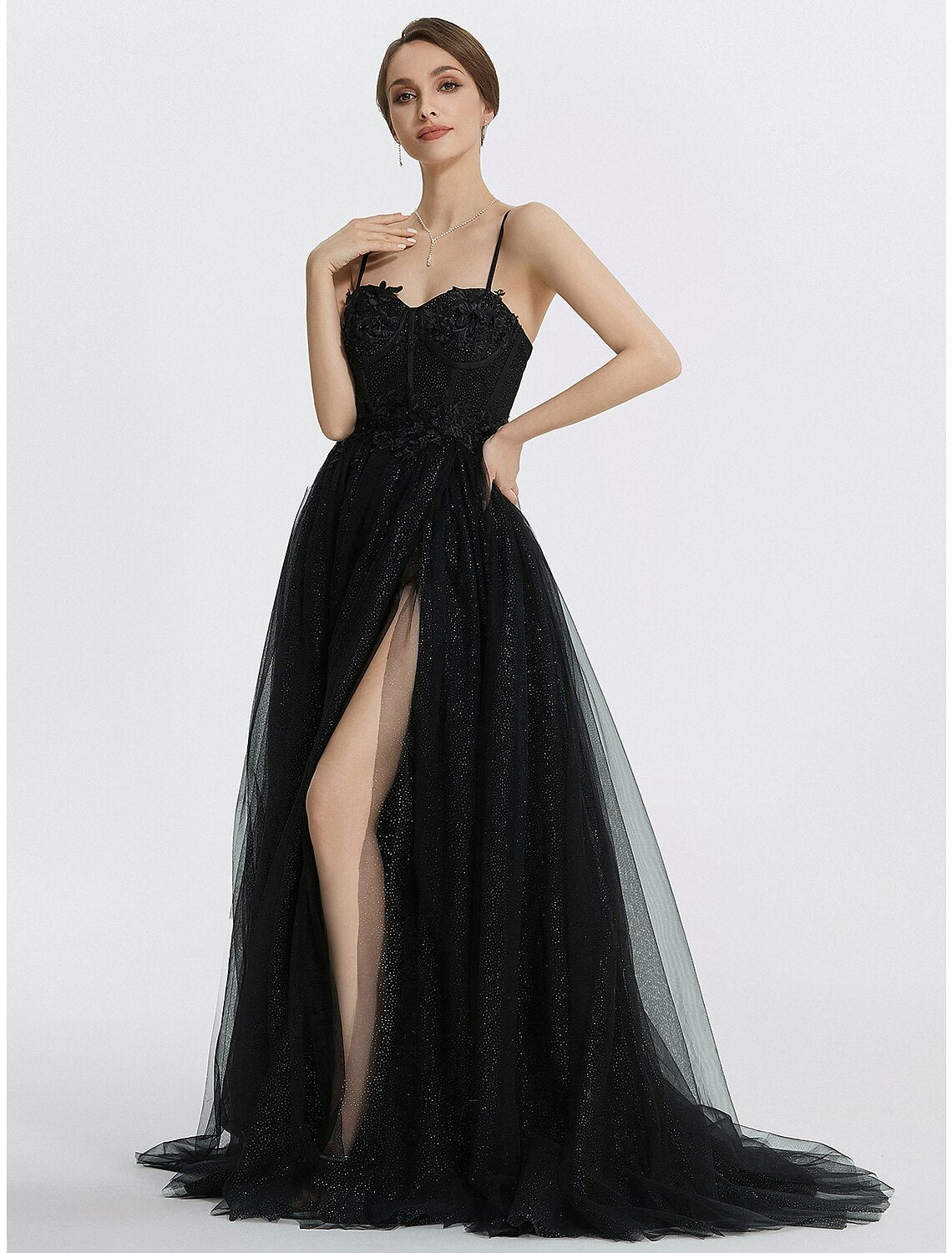 A-Line Prom Dresses Glittering Dress Masquerade photoshoot Floor Length Sleeveless Sweetheart Tulle