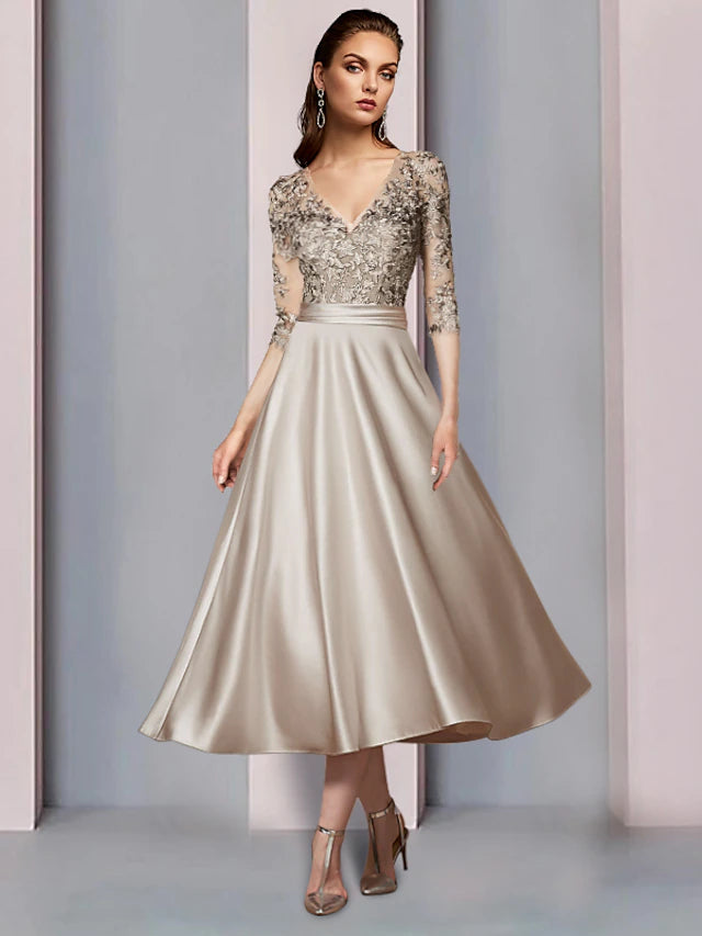 A-Line Mother of the Bride Dress Wedding Guest Elegant V Neck Tea Length Satin Lace Half Sleeve