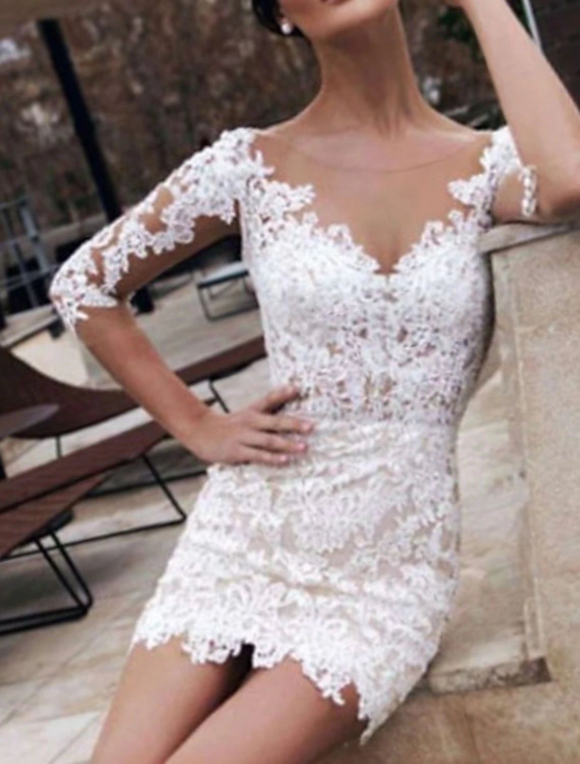 Reception Little White Dresses Wedding Dresses Sheath / Column Illusion Neck Half Sleeve Short / Mini Lace Bridal Gowns