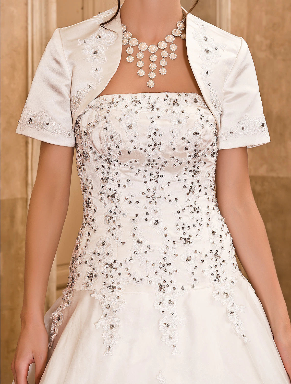 Hall Wedding Dresses Ball Gown Strapless Short Sleeve Floor Length Satin Bridal Gowns With Beading