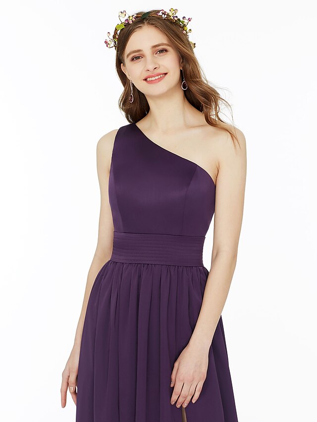 Ball Gown / A-Line Bridesmaid Dress One Shoulder Sleeveless Floor Length Chiffon with Sash / Ribbon / Pleats