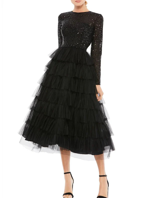 A-Line Cocktail Dresses Elegant Dress Wedding Guest Party Wear Tea Length Long Sleeve Jewel Neck Fall Wedding Guest Tulle with Sequin