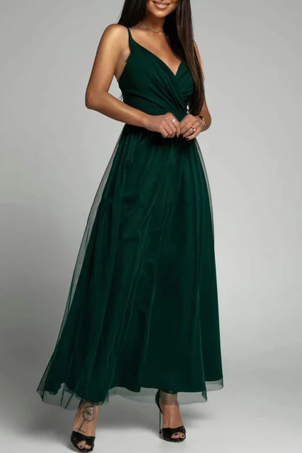 Elegant solid color patchwork V-neck A-line evening dress Sexy