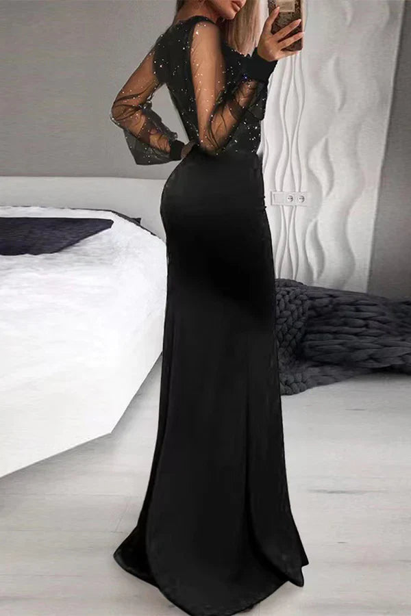 Sexy patchwork V-neck evening dress Black Floor Length With Slit