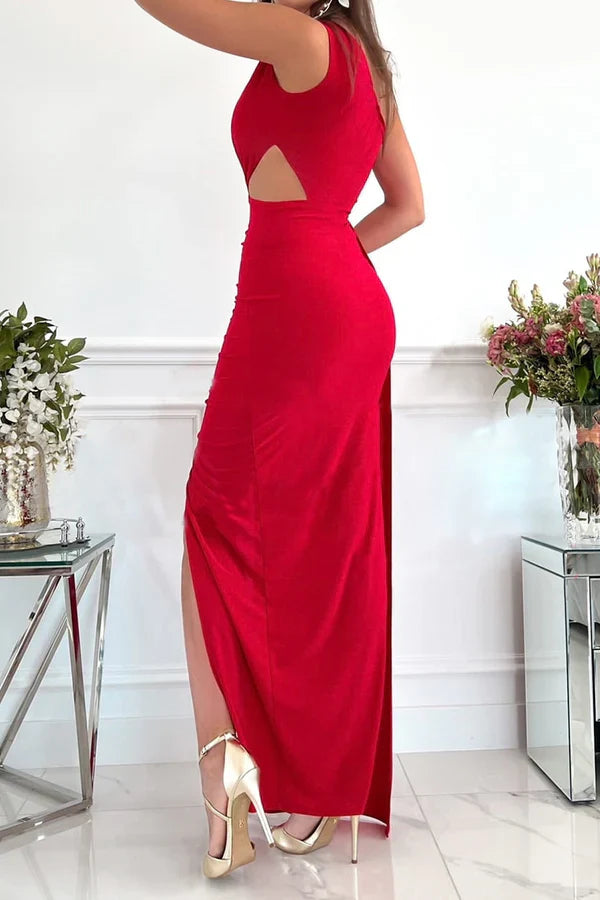 Fashionable hollow out diagonal collar sleeveless evening dress One Shoulder Party Dress