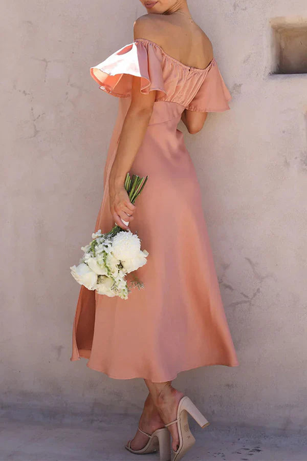 Sexy solid color slit off shoulder pleated evening dress Beautiful