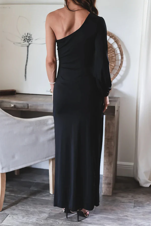 Solid Split Shoulder Irregular Evening Dress One Shoulder Party Dress