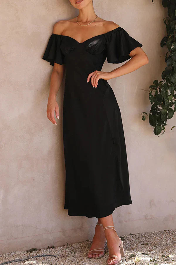 Sexy solid color slit off shoulder pleated evening dress Beautiful