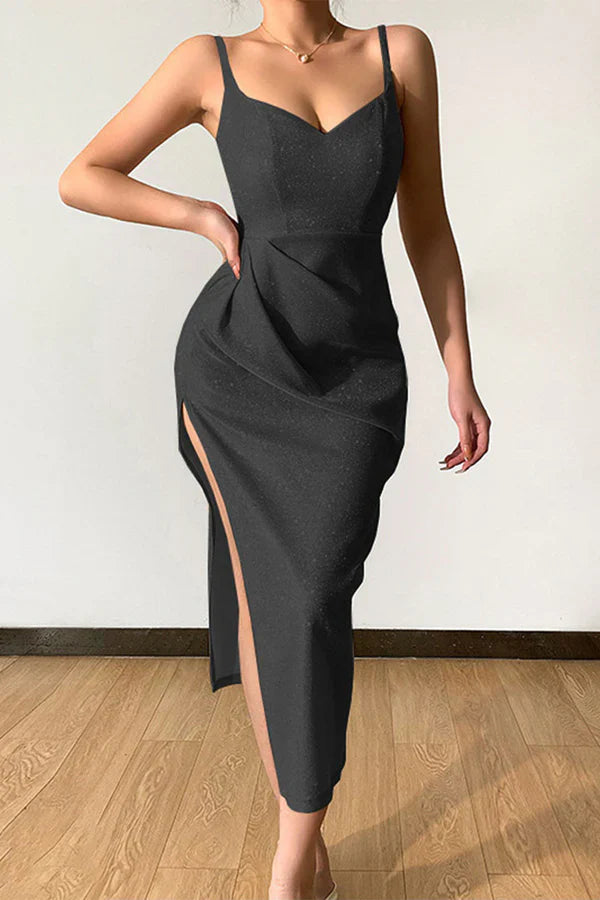 Sexy elegant solid color sequins V-neck strap evening dress Sparkly