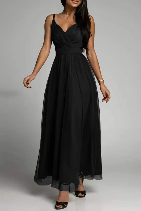 Elegant solid color patchwork V-neck A-line evening dress Sexy